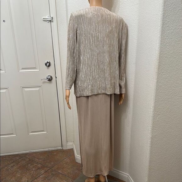 David's Bridal Cream Tan Gold Silver Maxi Dress & Long Sleeve Jacket Side Slit - Picture 5 of 13